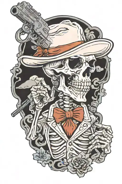 Dinosar skeleton holding dual pistols as Doc Holliday in Tombstone tattoo design idea