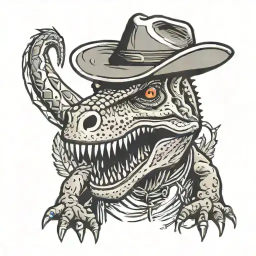 dinosaur holding dual pistols to sides  with a mustache and cowboy hat tattoo design idea