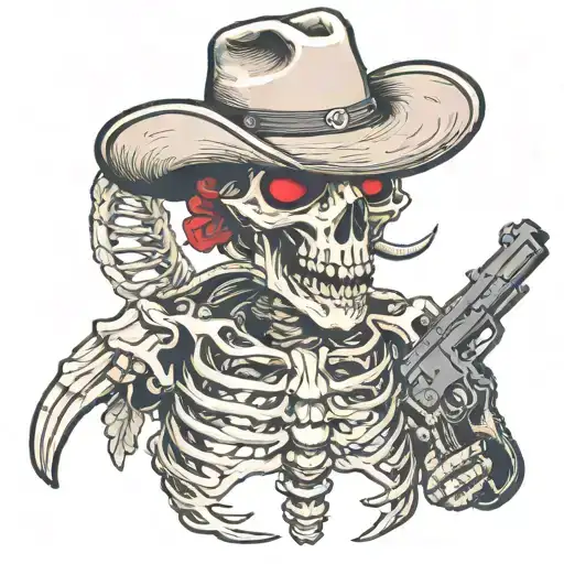 raptor skeleton holding dual pistols with a mustache and cowboy hat tattoo design idea
