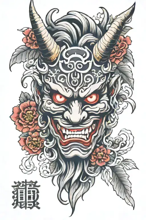 oni mask flower japan tattoo design idea