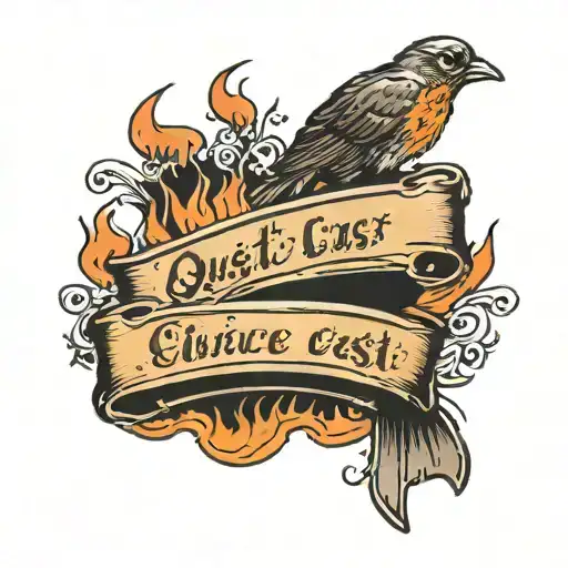 Qu'est-ce que c'est? written on a harmonica with a robin and flames tattoo design idea