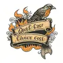 Qu'est-ce que c'est? written on a harmonica with a robin and flames tattoo design idea