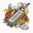Qu'est-ce que c'est? written on a harmonica with a robin and flames tattoo design idea