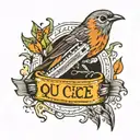 Qu'est-ce que c'est? written on a harmonica with a robin and flames tattoo design idea