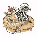 skeleton hand writing BIRD in sand tattoo design idea