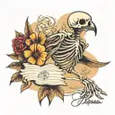 skeleton hand writing BIRD in sand tattoo design idea