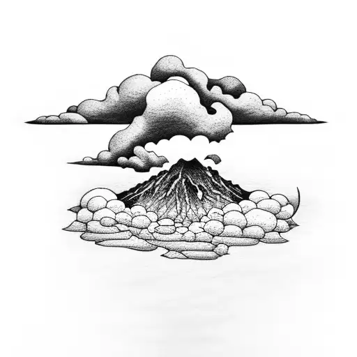 volcano with clouds and waves tattoo design idea