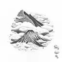 volcano with clouds and waves tattoo design idea