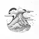 volcano with clouds and waves tattoo design idea