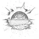 volcano with sun and clouds tattoo design idea