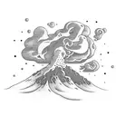 volcano with clouds and waves tattoo design idea