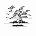 volcano with clouds and waves tattoo design idea