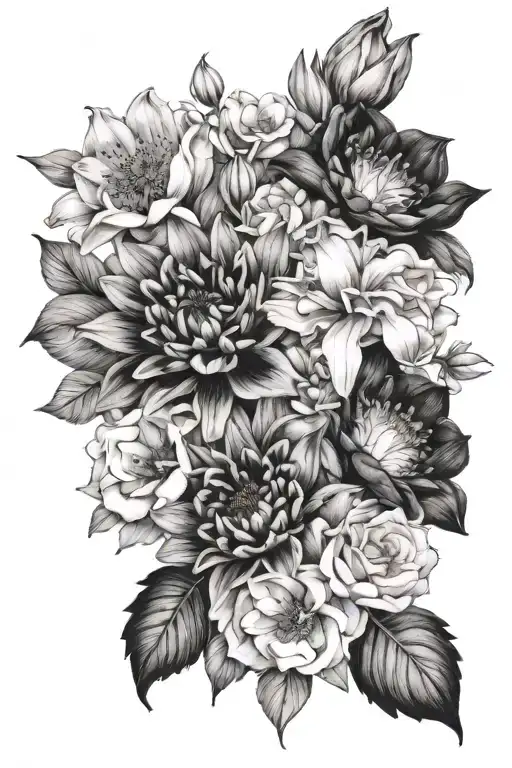 a flower bouquet with these flowers: Alstroemeria, anemone, dahlia, Rose, don't forget me, Silac, Iris  tattoo design idea