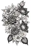 a flower bouquet with these flowers: Alstroemeria, anemone, dahlia, Rose, don't forget me, Silac, Iris  tattoo design idea
