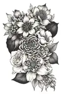 a flower bouquet with these flowers: Alstroemeria, anemone, dahlia, Rose, don't forget me, Silac, Iris  tattoo design idea