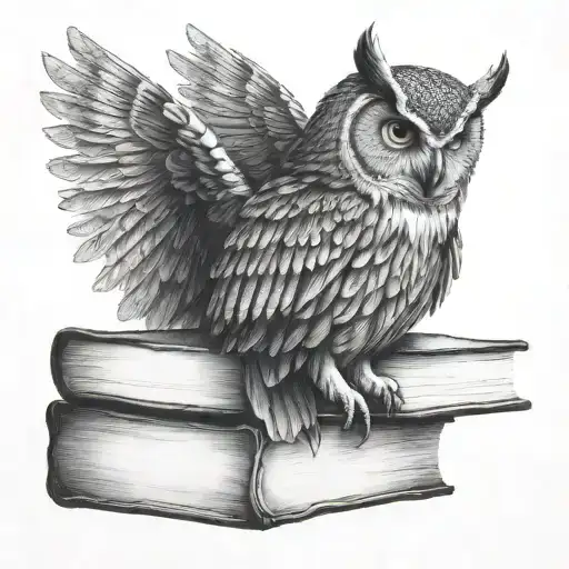 A majestic owl perched on a stack of books, symbolizing wisdom and knowledge gained through personal growth and independence tattoo design idea
