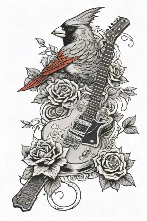 feminine memorial cardinal and cascade of roses in front of red electric guitar tattoo design idea