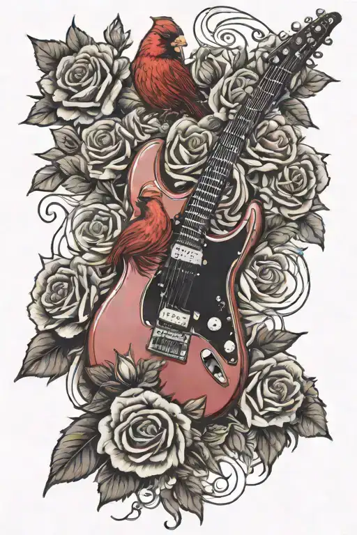 memorial cardinal and cascade of roses in front of red electric guitar tattoo design idea