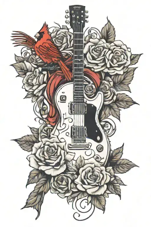memorial cardinal and cascade of roses in front of red electric guitar tattoo design idea