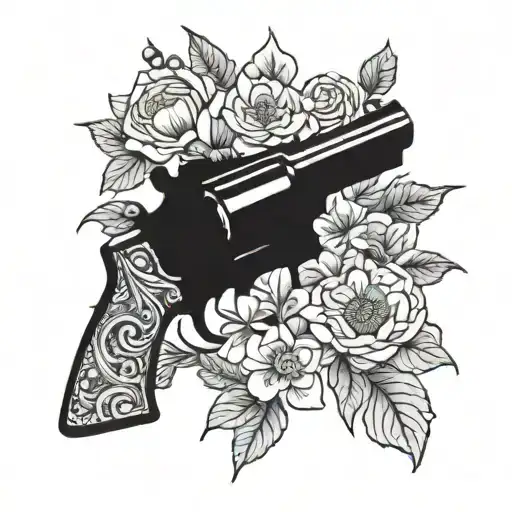 Flowers and Pistol shooting target tattoo design idea