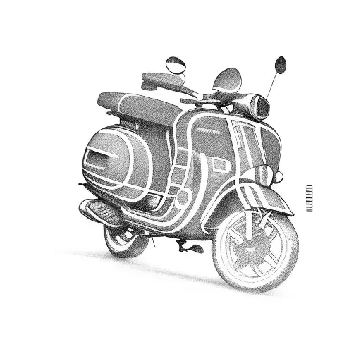 A dynamic illustration of a Techno Rave scene with a Vespa VXL parked nearby tattoo design idea