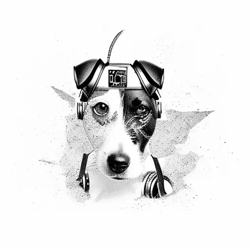 A Jack Russel Terrier DJing at a Techno Rave party with Counter Strike elements tattoo design idea