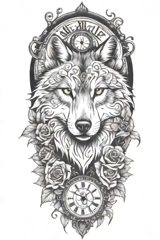 tattoo with wolf, rose, only ONE clock, heart, vines growing tattoo design idea