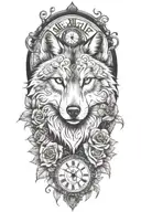 tattoo with wolf, rose, only ONE clock, heart, vines growing tattoo design idea