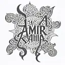 three names writen "Amir and Raha and Hasibe" tattoo design idea