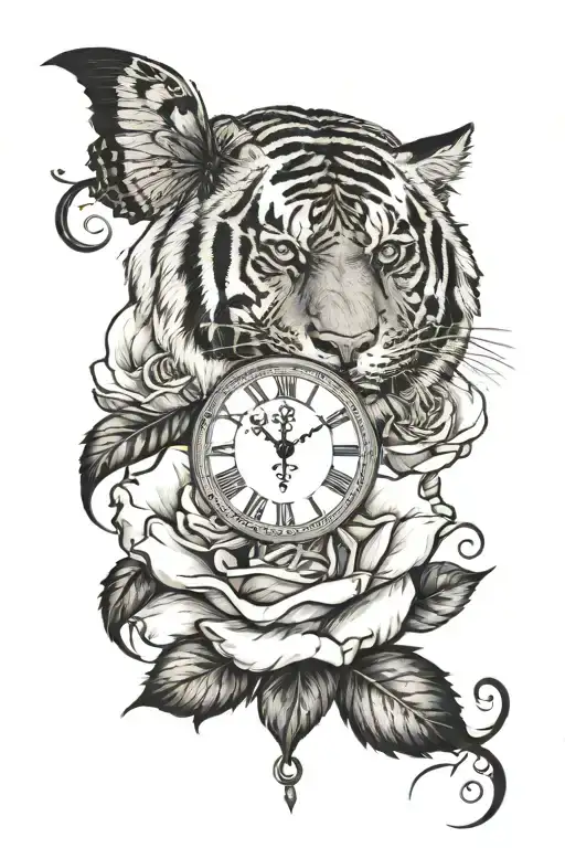 rose tiger clock smoke dove writing  tattoo design idea