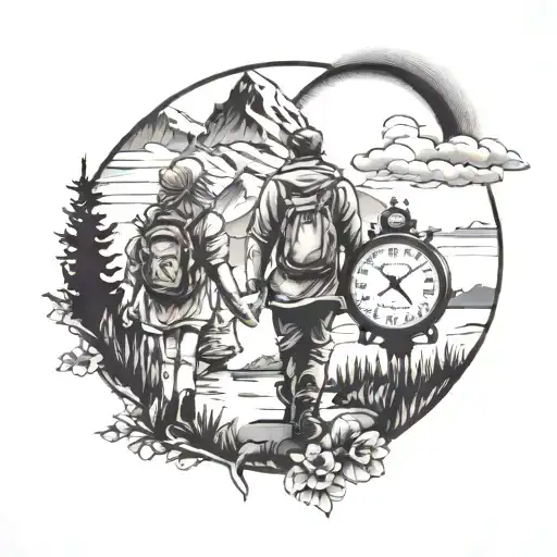 siloutte of father and two daughters walking toward mountains with a compass and clock tattoo design idea