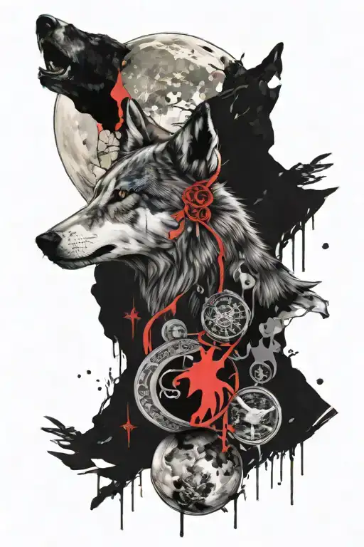 Penelope intertwined hourgalss and moon with a hint of valiant depicting her undying love and braveness with wolf. tattoo design idea