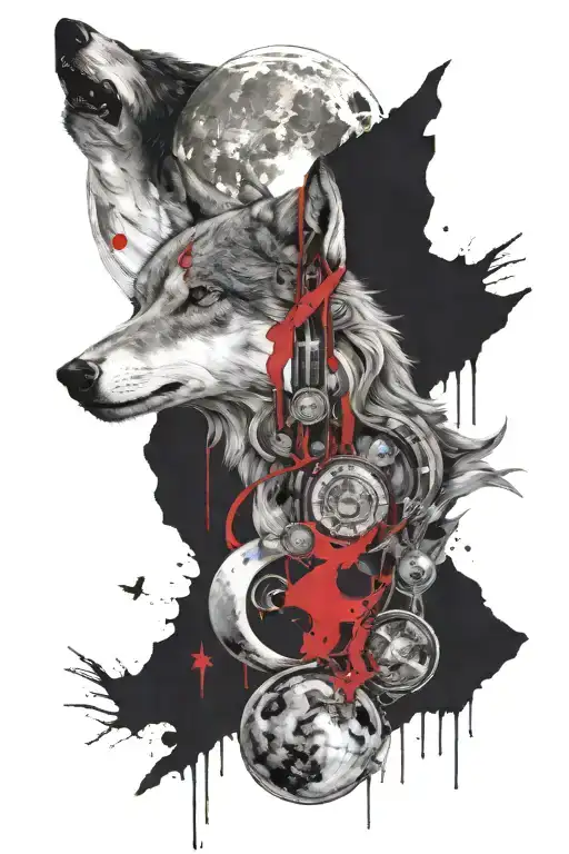 Penelope intertwined hourgalss and moon with a hint of valiant depicting her undying love and braveness with wolf. tattoo design idea