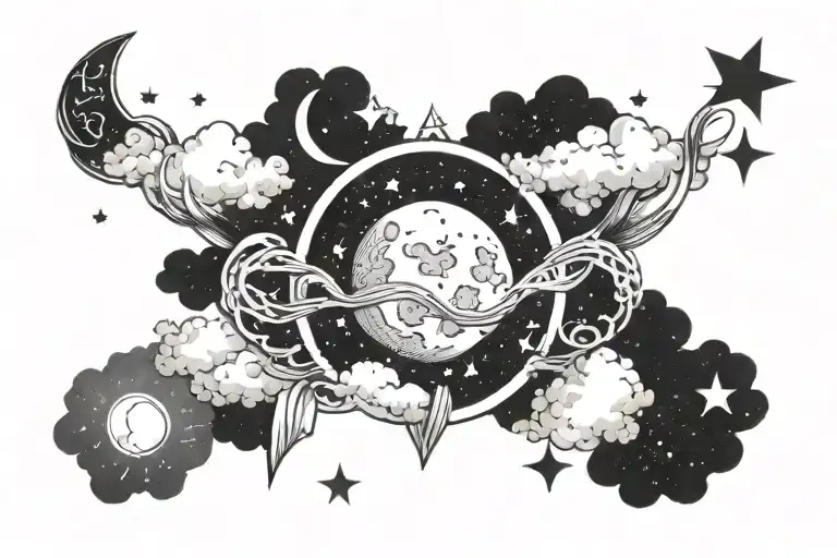 The word Tylo surrounded by a night sky with clouds and stars with the moon replacing the O tattoo design idea