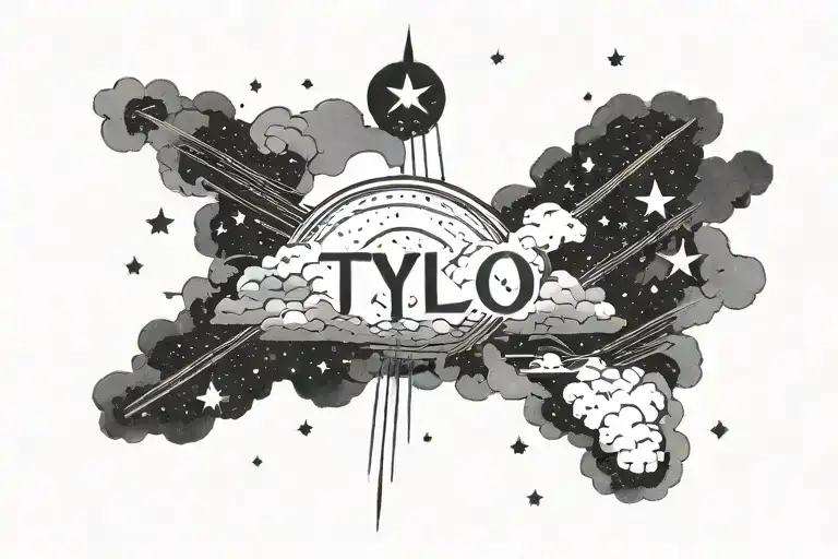 The word Tylo surrounded by a night sky with clouds and stars  tattoo design idea