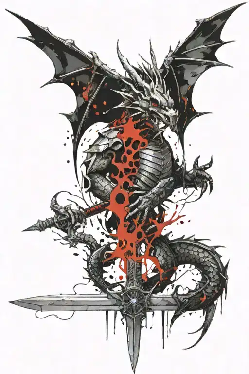 Medieval dragon dark gothic style clutching onto a sword  tattoo design idea