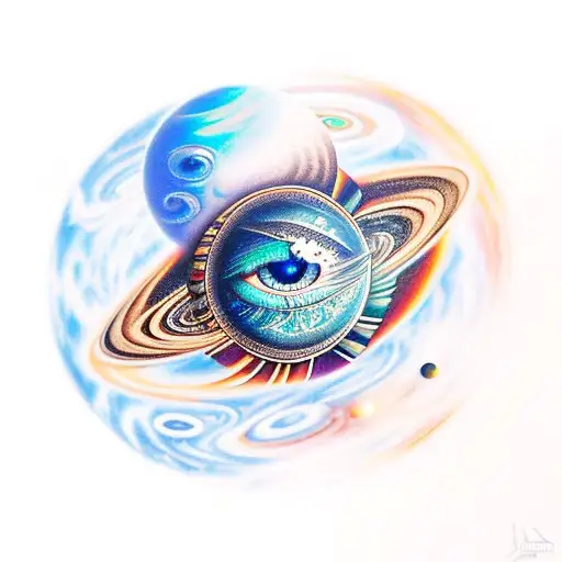 A realistic depiction of the Eye of Horus surrounded by planets and stars tattoo design idea