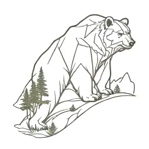 Background: Towering mountains covered in snow and vegetation. Characters: A majestic bear tattoo design idea