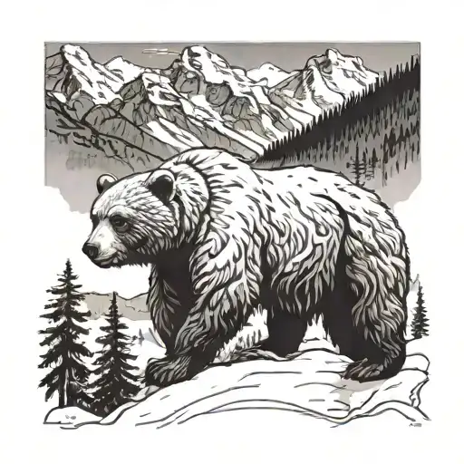 Background: Towering mountains covered in snow and vegetation. Characters: A majestic bear tattoo design idea