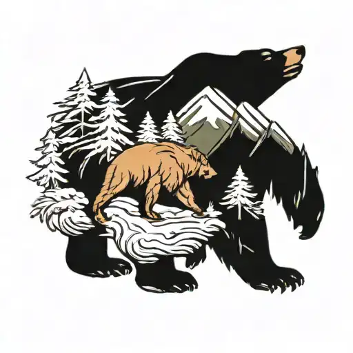 Background: Towering mountains covered in snow and vegetation. Characters: A majestic bear tattoo design idea