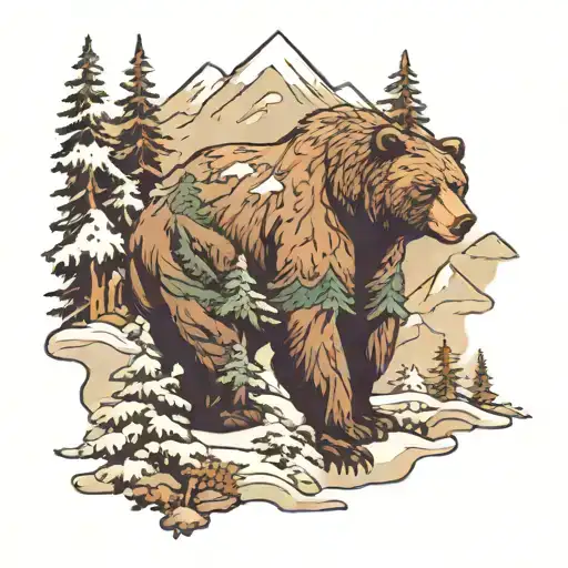 Background: Towering mountains covered in snow and vegetation. Characters: A majestic bear tattoo design idea