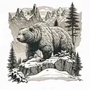 Background: Towering mountains covered in snow and vegetation. Characters: A majestic bear tattoo design idea