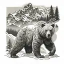 Background: Towering mountains covered in snow and vegetation. Characters: A majestic bear tattoo design idea
