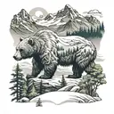 Background: Towering mountains covered in snow and vegetation. Characters: A majestic bear tattoo design idea