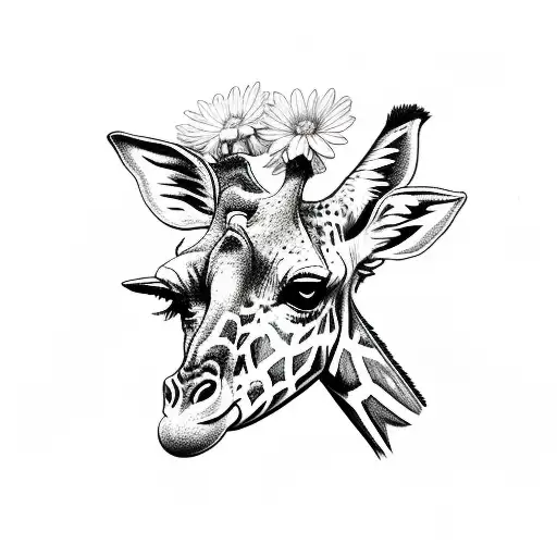 A sketch-style tattoo of a giraffe gracefully walking through a field of blooming potatoes tattoo design idea