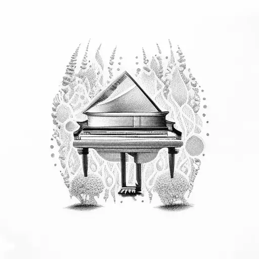 A dotwork tattoo of a grand piano surrounded by lush greenery tattoo design idea