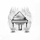 A dotwork tattoo of a grand piano surrounded by lush greenery tattoo design idea