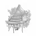 A dotwork tattoo of a grand piano surrounded by lush greenery tattoo design idea