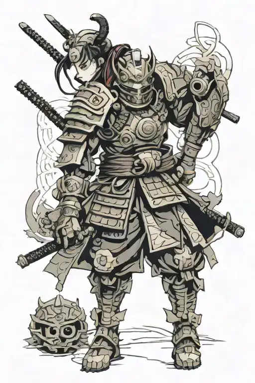 A cyberpunk-inspired design featuring a virtual assistant character in samurai armor tattoo design idea