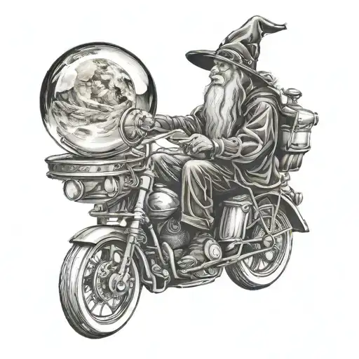 old wizard hand holding crystal ball, crystal ball is moon, motorcycle riding through crystal ball, wolf howling, smoke tattoo design idea